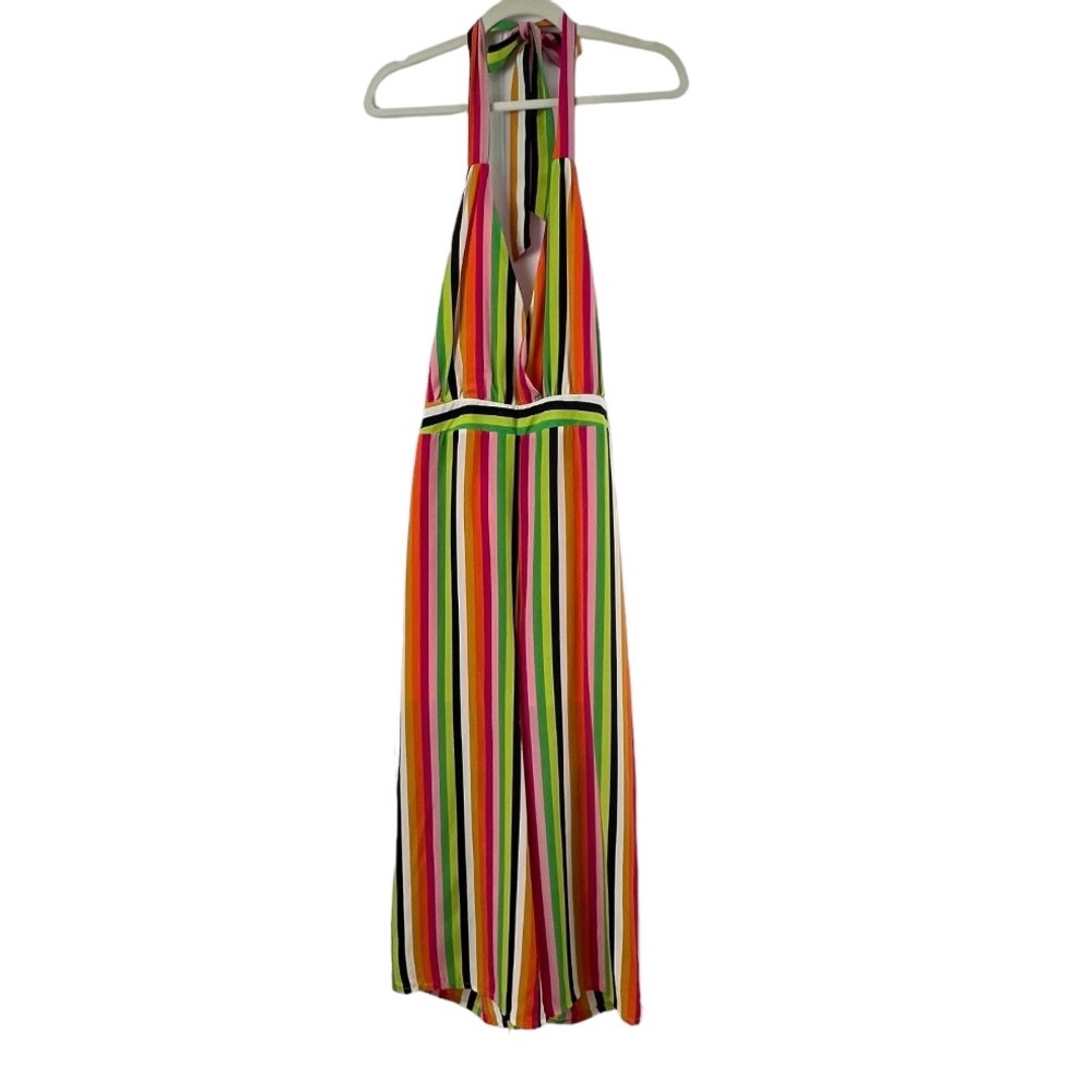NWT BLU PEPPER Multi Colored Striped Halter Top Jumpsuit Sz L